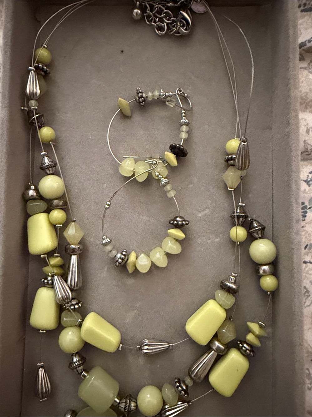 Chico’s Multi-Strand Lime GreenBead Necklace & Hoop Earrings Set